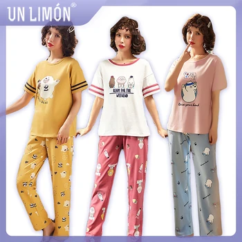 

UNLIMON Women Cotton Pajamas Korean Fashion Sleepwear Sets Short Sleeve Long Pants