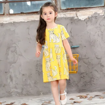 

Leopard Patter Cute Yellow Baby Girls Summer Dresses Casual Kids Clothes Children's Clothing