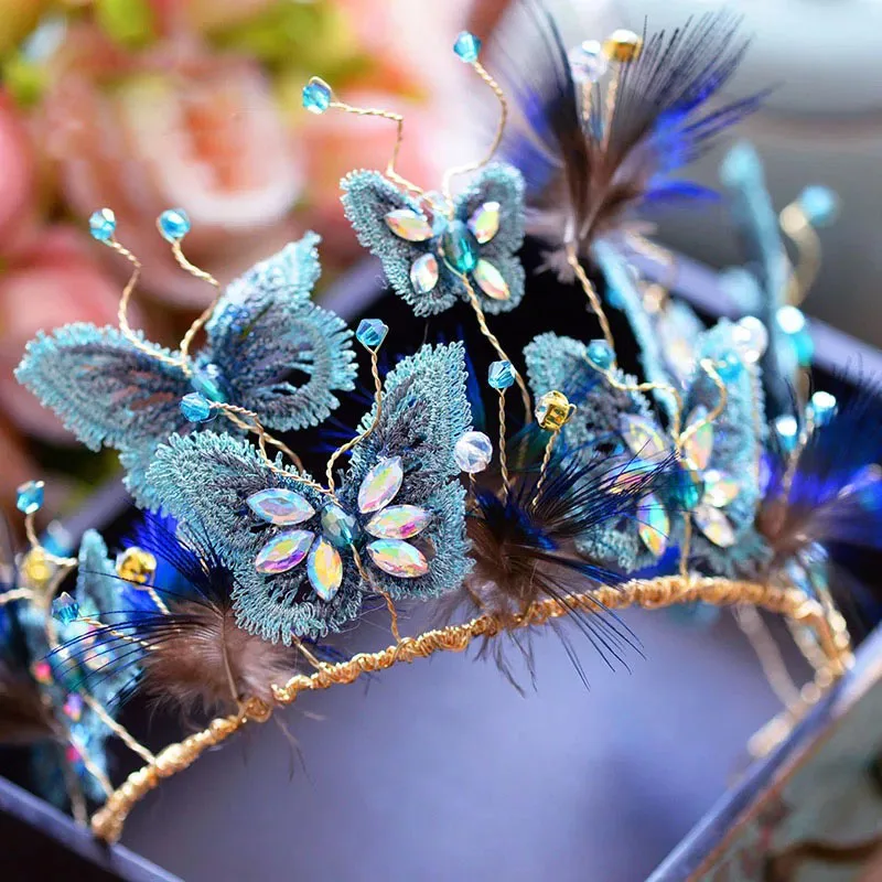 

Bavoen Wedding Hair Accessories Baroque Brides Tiara Crown Blue Butterfly Hairbands Rhinestone Wedding Headbands with Earring