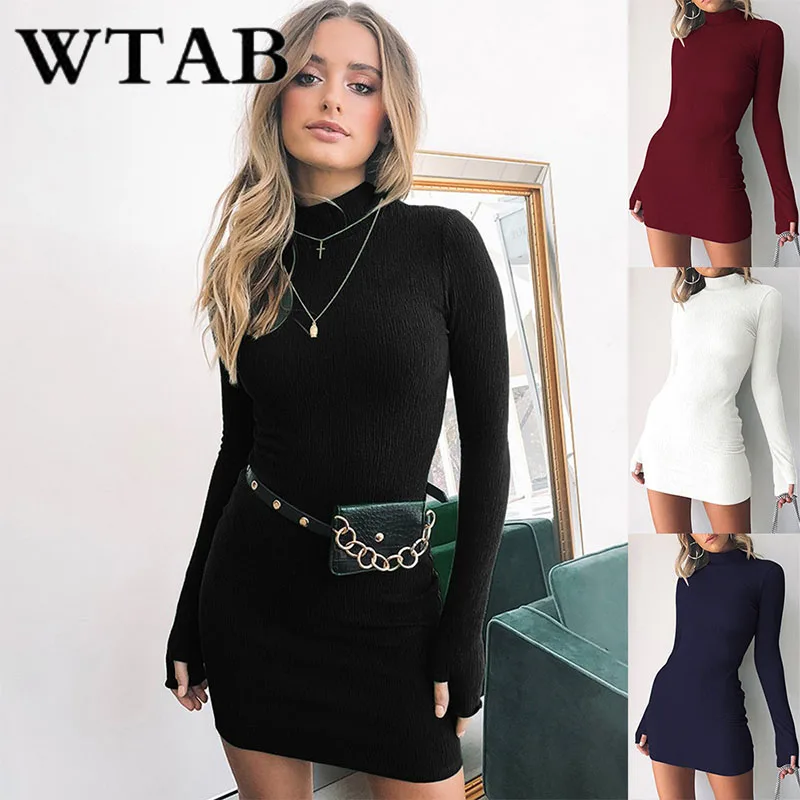

WTAB Turtleneck winter dress 2018 casual solid warm full femme women dress bodycon long sleeve christmas party dresses vestidos