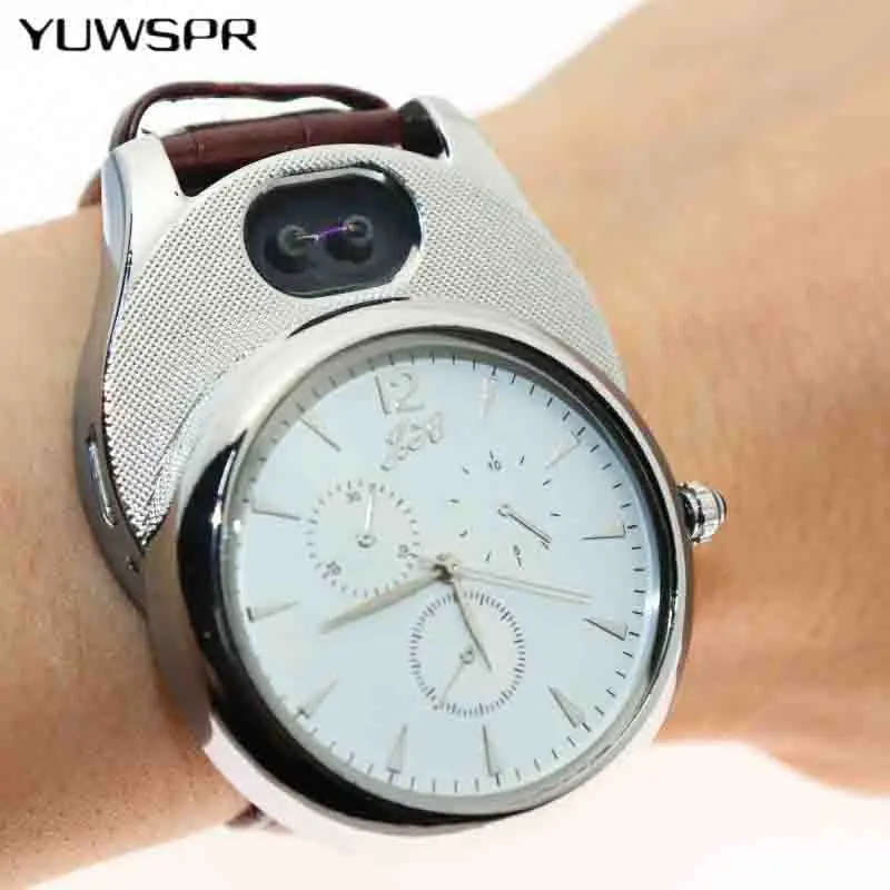 

2018 hot Quartz Watch Men Casual Windproof USB Charging Flameless Cigarette Lighter Arc Lighter watches Wristwatches clock JH338
