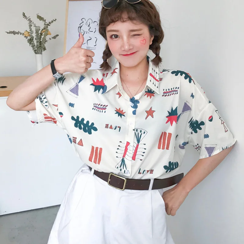 Kawaii Cartoon Short Sleeve Print Blouse Women Tops Turn Down Collar Shirts Ladies 2019 Summer Girls Loose Casual Blouse Female