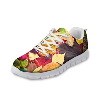 

THIKIN Autumn Lace-Up Mesh Lightweight Zpatos De Mujer 3D Red Fallen Leaves Pattern for Female Sneakers Breathable Mesh Flats