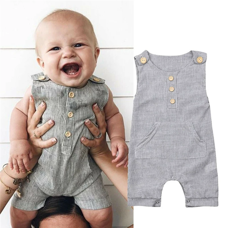 

2019 Brand Infant Newborn Baby Girl Boy Sleeveless Stripe Overalls Romper Jumpsuit Outfit Clothes Baby Clothing