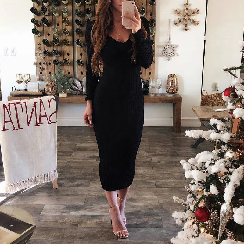 v neck bodycon dress long sleeve