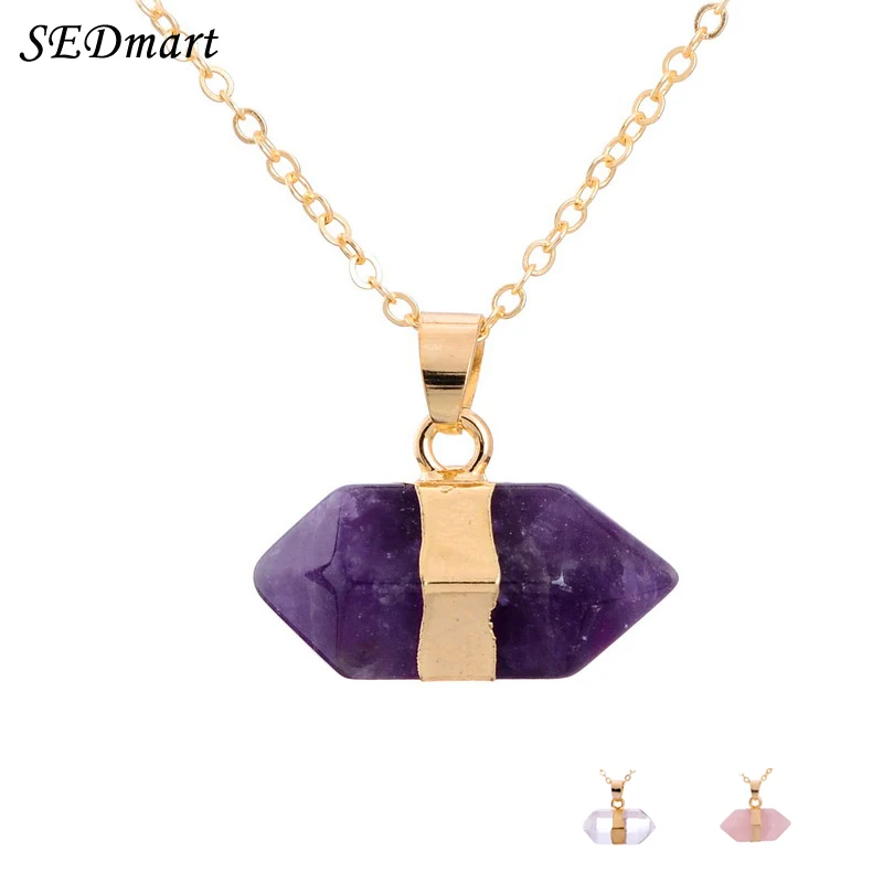SEDmart Natural Stone Real Healing Crystal Pendant Necklace Gold Color