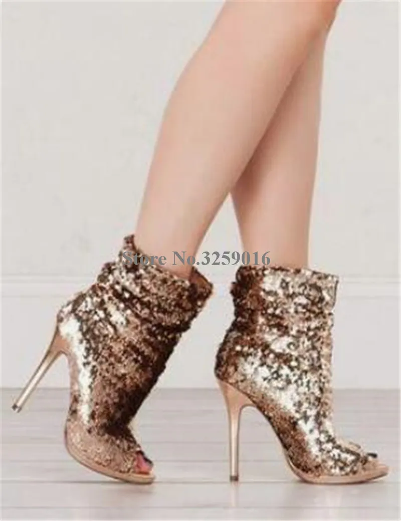 

Women Charming Bling Bling Peep Toe Sequined Stiletto Heel Short Boots Slip-on Blue Gold Shining High Heel Ankle Booties