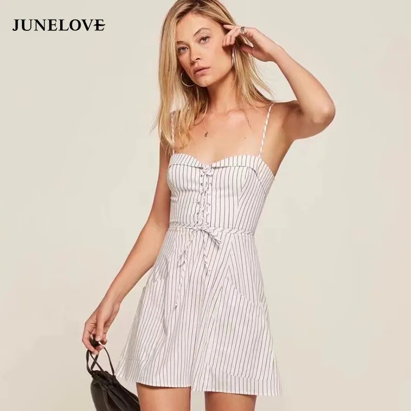 

JuneLove 2019 spring women casual fashion spaghetti strap strapless dress striped high waist dress mini a line dress
