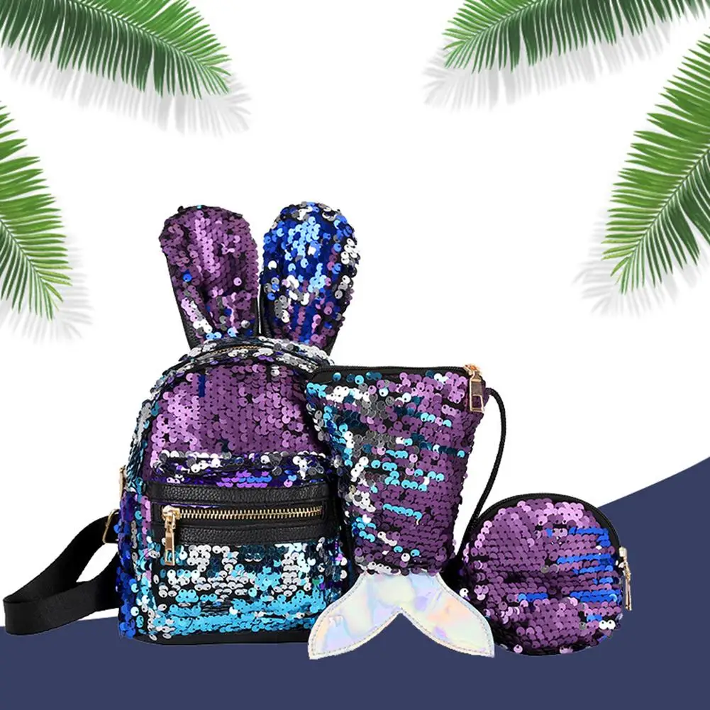 

3Pcs Kid Girl Sequined Rabbit Ears Backpack Mermaid Tail Shoulder Bag Coin Purse