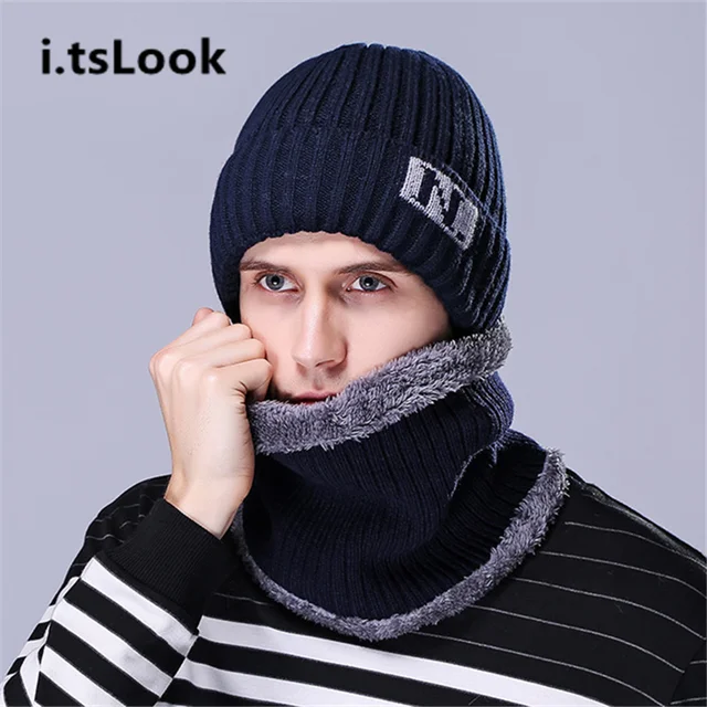 Men Pocket Beanie Hat Muffler Scarf Set Thick Velvet Winter 2 piece set