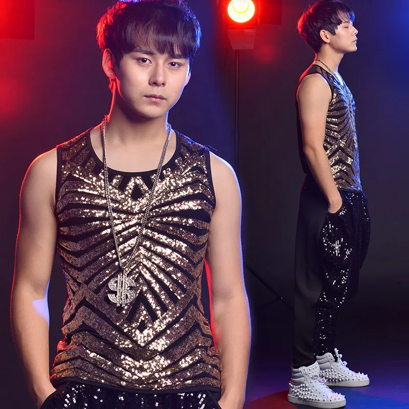 

Men'S Fashion Top Sequins Vests Harem Pants Clothing Punk Style Clothes Male Ds Singer Stage Wear Performance Costume DL2352