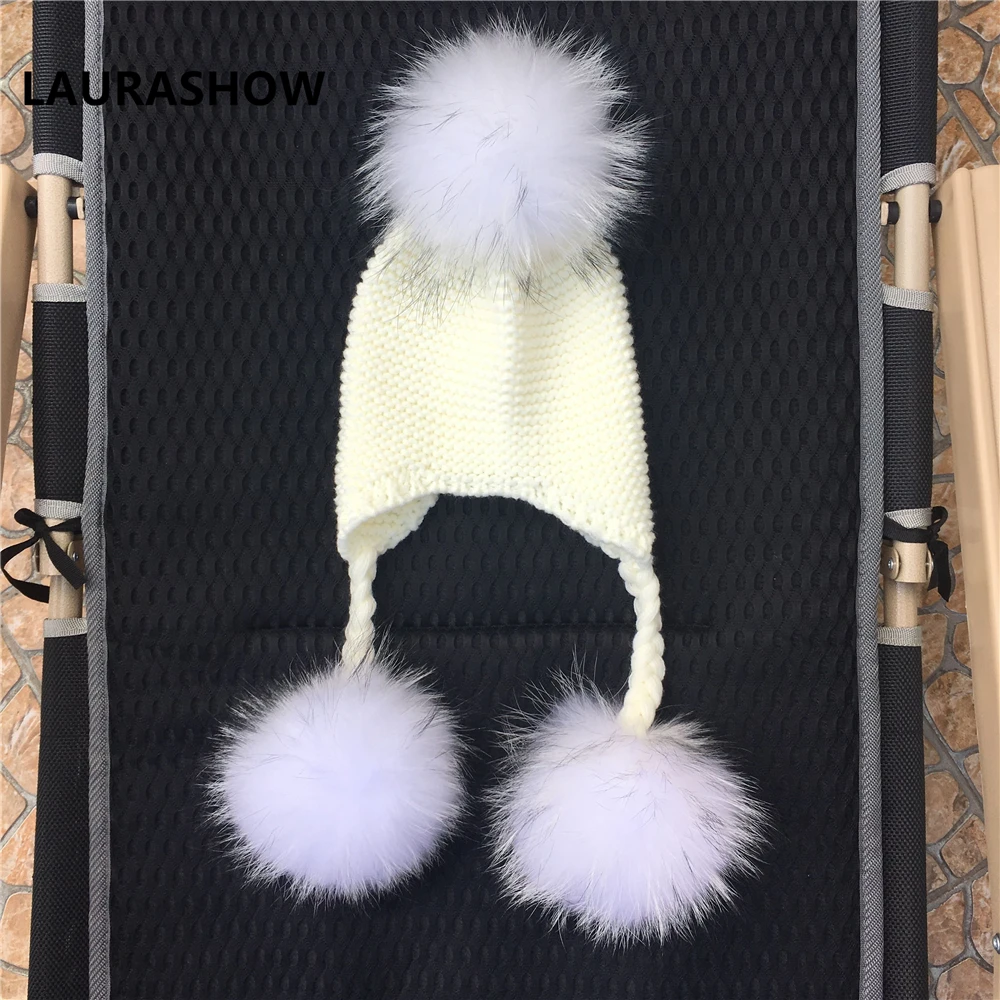 Детская зимняя шапка с помпоном из натурального меха норки енота|beanie wool|pompom hathat