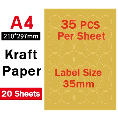 А4 самоклеющиеся крафт-этикетки для лазерного и струйного принтера рукописные высечки круглые/квадратные листы наклейки 20/50 листов каждая упаковка - Цвет: 20 Sheet Round 3.5cm