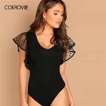 COLROVIE, черная, однотонная, v-образный вырез, в горошек, сетчатая, с рукавами-крылышками, сексуальная, Корейская, Облегающая рубашка, боди, женская одежда, для офиса, женские боди