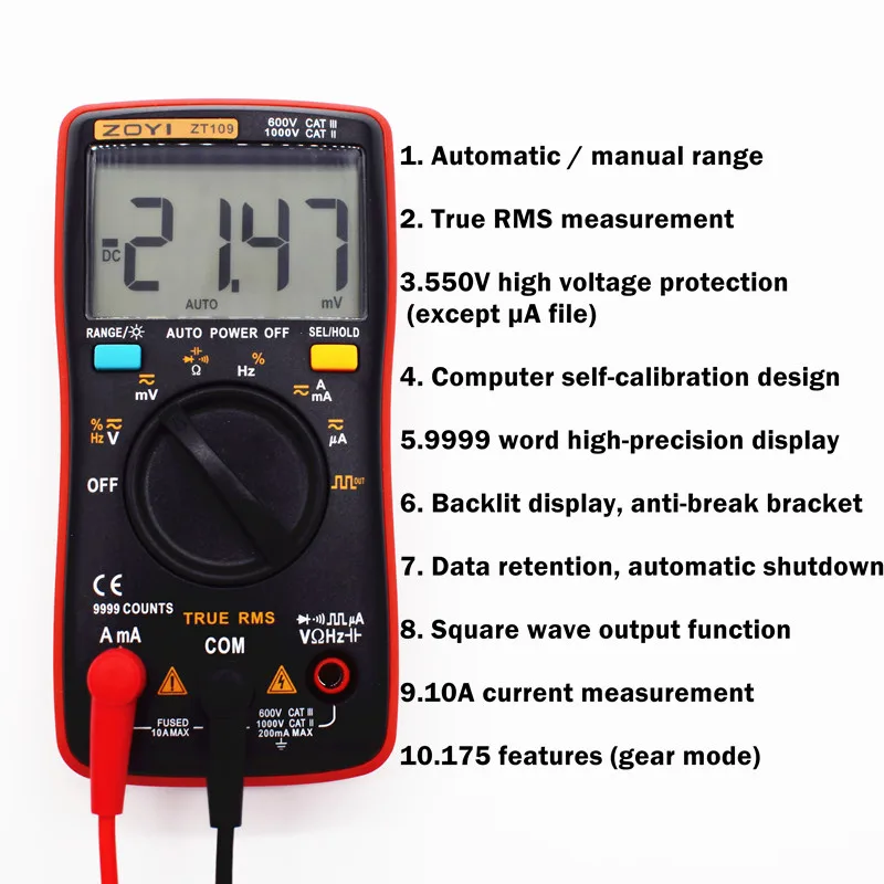 Цифровой мультиметр размер ладони True-RMS 9999 отсчетов квадратная волна подсветка AC DC Напряжение Амперметр Ток Ом Авто/ручной ZT109