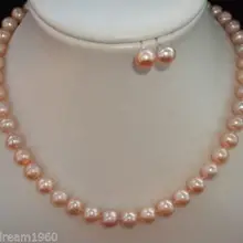Настоящее натуральное 8-9 мм розовое пресноводное культивированное Жемчужное ожерелье серьги 1" набор