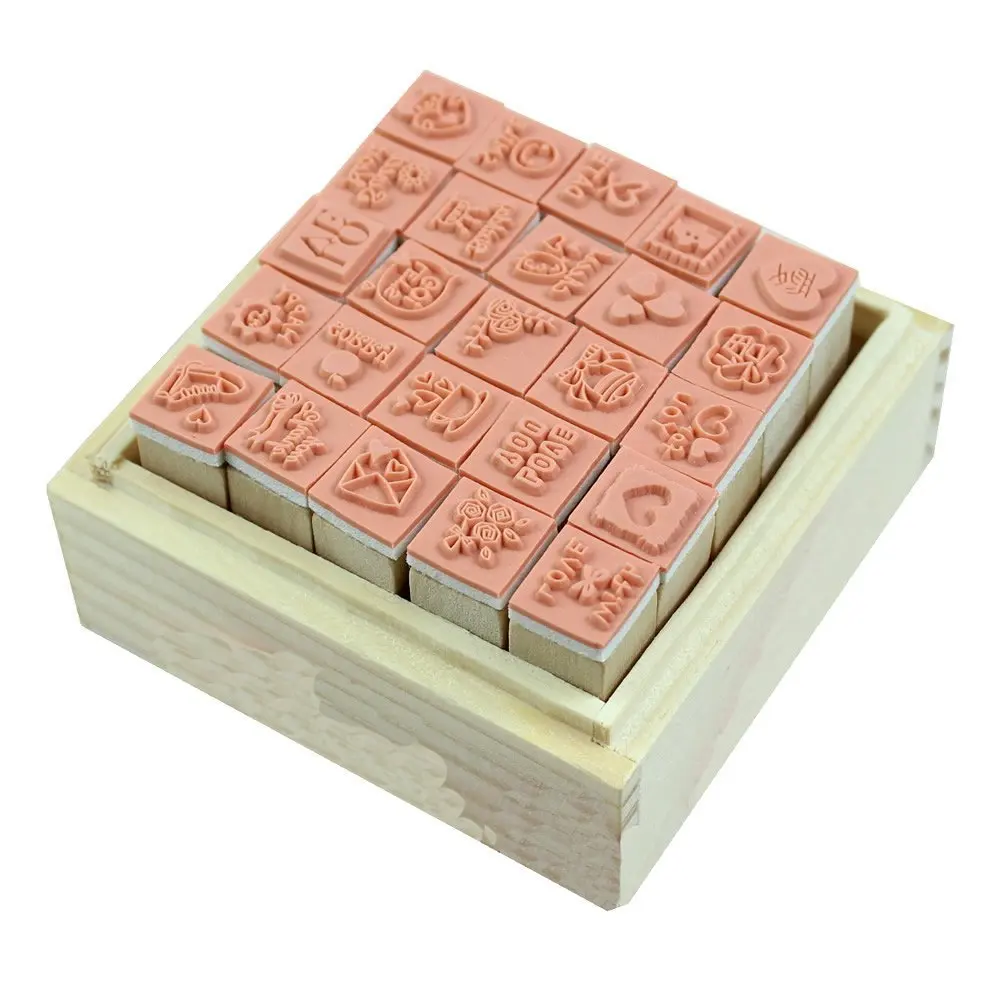 

25Pcs/Set Lovely Diary Pattern Seal Stamp Wooden Box multipurpose Wood Rubber