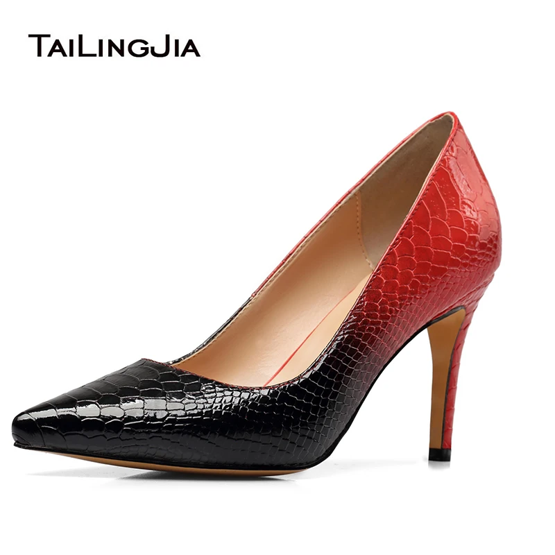 

Women High Heel Python Pattern Pumps Pointed toe Dress Heels Black Red White Court Shoes Large Size Wholesale Heel Height 8.5cm