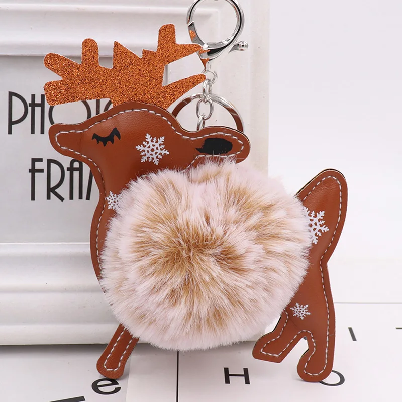 Cute Pom Pom Ball Elk Keychain Silver Key Chain Key Rings Pompom Gift For Christmas For Women Bag Charms Accessories