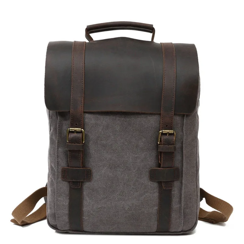 

Retro Men Canvas and Leather Laptop String Backpack School Bag Travelling Back Pack Drawstring Backpacks for Boy