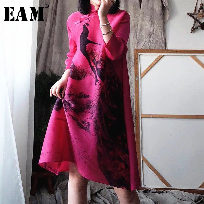 

[EAM] 2019 New Spring Summer Stand Collar Three-quarter Sleeve Pattern Printed Loose Pleated Dress Women Fashion Tide JW850