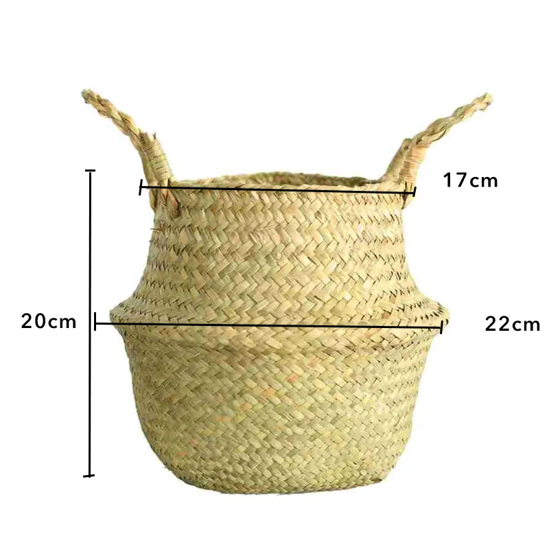 Garden Plant Flower Pot Handmade Rattan Storage Basket Foldable Seagrass Straw Hanging Woven Handle Toy Storage Container 1Pc