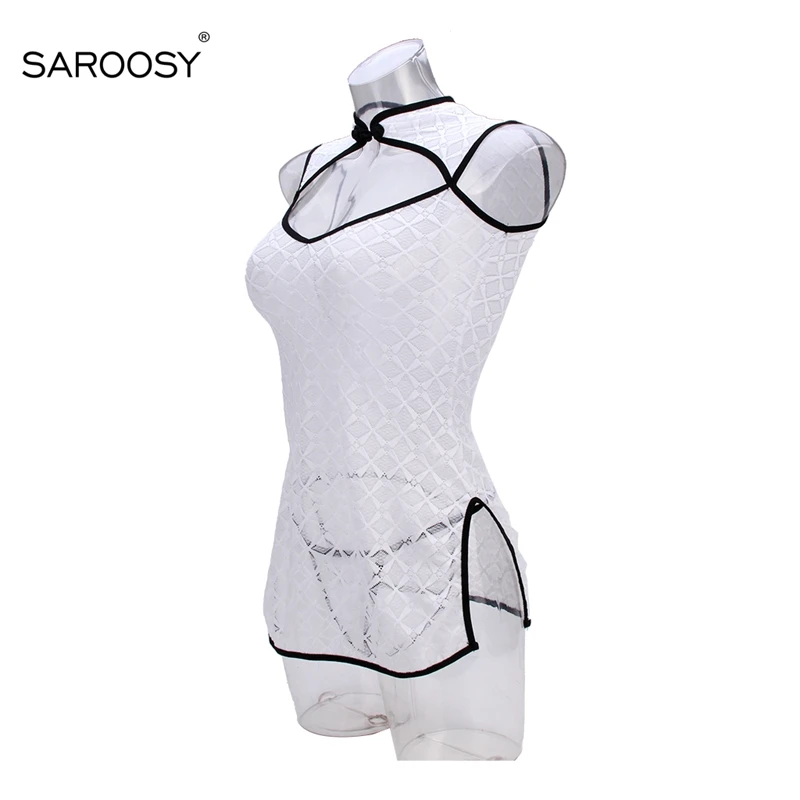 SAROOSY 2018 New Sexy Chinese Cheongsam Exotic Sets for Women Open Bra Button Deep V Detail Dress Valentine's Day Fashion Femme
