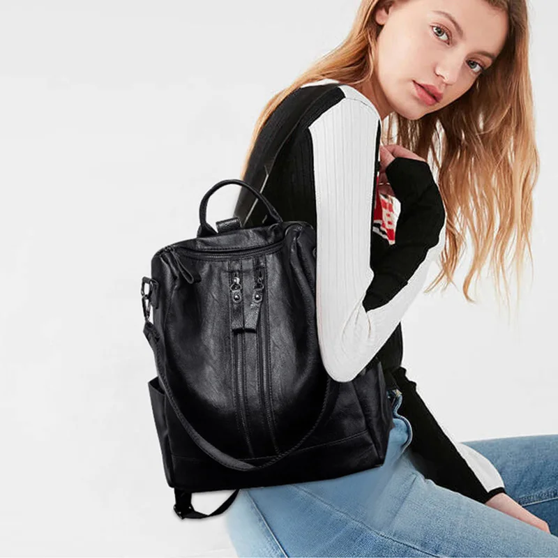  Casual Female Backpacks PU Leather Women Black Backpack Fashion Black School Bags For Teenager Girl - 32969142941