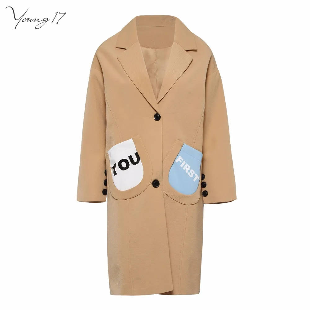 

Young17 Autumn Winter Khaki Woolen Coat Women Casual Overcoat White Blue Letter Appliques PU Leather Pocket Lapel Wool Jacket