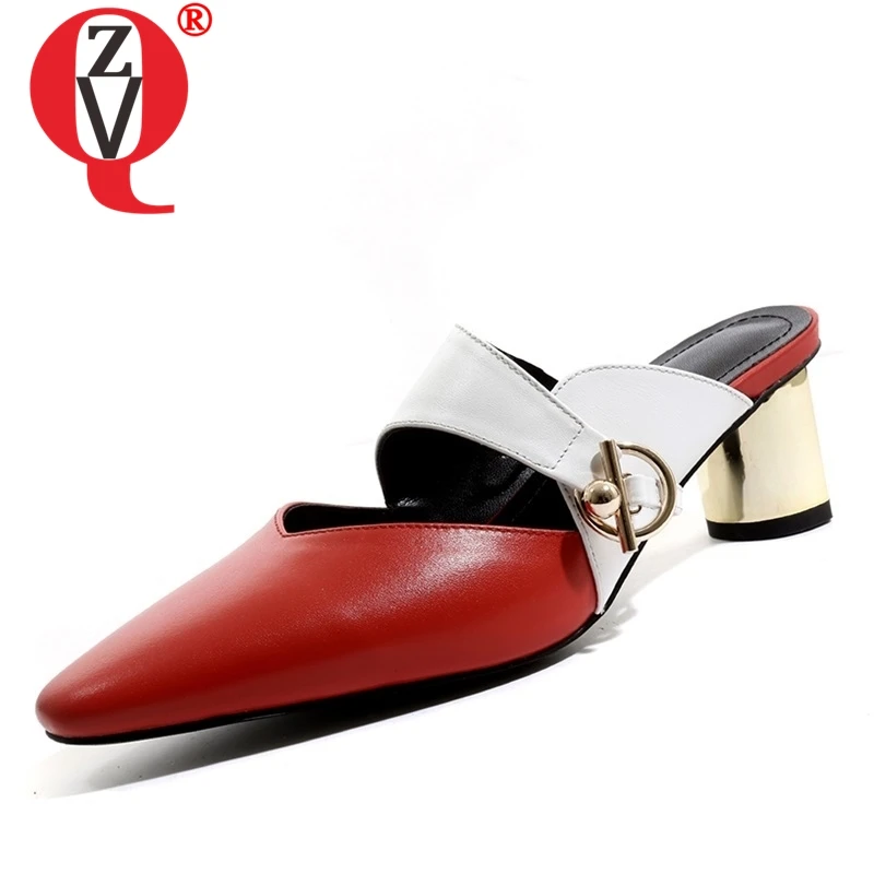 

ZVQ shoes woman summer new fashion pointed toe genuine leather mixed colors woman slippers outside high strange style sandals