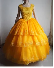 Envío gratis organza 100% real rizado amarillo brillo de danza de la princesa bola vestido de la belleza y bestia belle cosplay Renacimiento Belle Bola