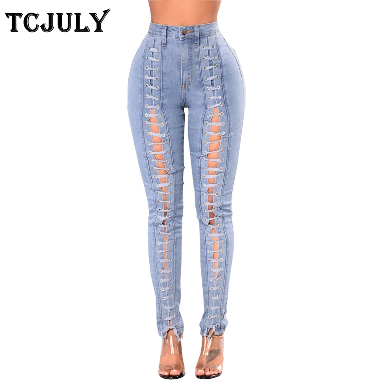 TCJULY Light Blue Jeans For Women Hollow Out Ties Criss Cross Stretch Denim Pants Skinny Push Up Streetwear Casual Cowboys Woman