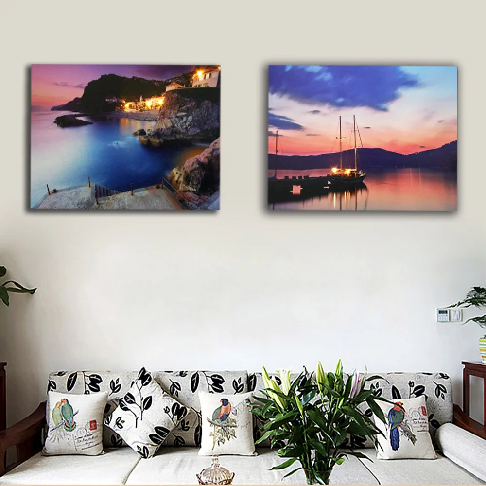 

harbour night with boat at dock seascape sunset wall picture led canvas art light up decor painting artwork HD printed for gift