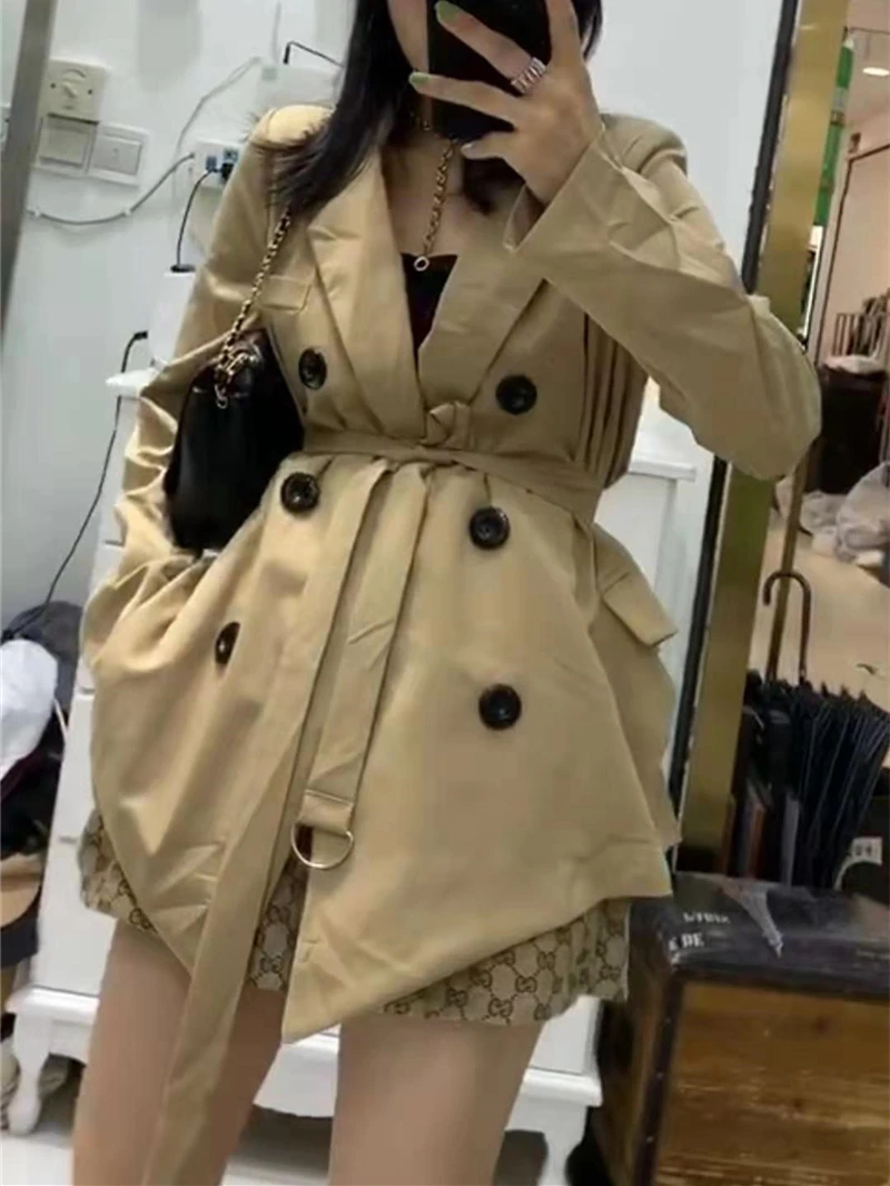 Fashion Temperament Irregular Casual Short Female Trench Coat With Belt Sexy Women Coats Double Breasted Solid Color Khaki Black
