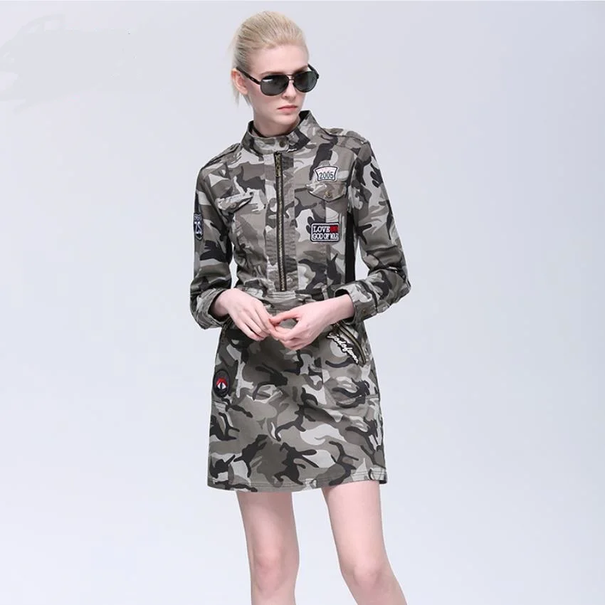 

Spring Camouflage printed Military style Dress 2019 Ladies fashion brand zipper stitching was thin Mini army style Dress wq914