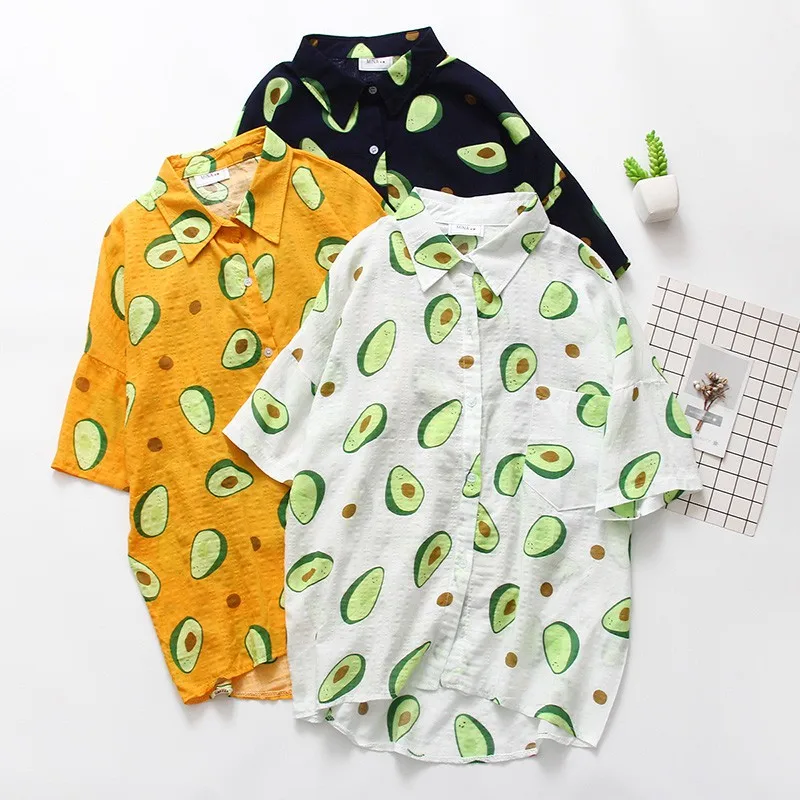 

2019 Summer Casual Loose Beach Short Sleeve Turn Down Collar Blouse Women Shirt Fruit Print Shirts Women Blouses
