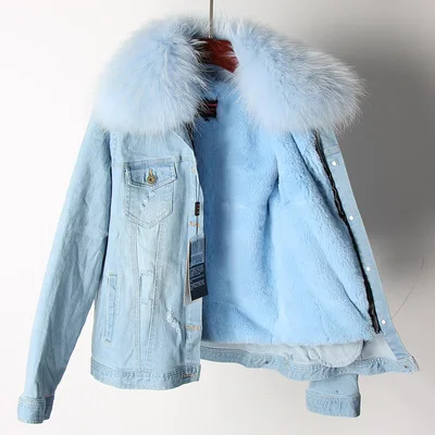 Новая джинсовая Меховая куртка для женщин, воротник из натурального меха енота, Экологически чистая подкладка для зимнего пальто, женские парки, джинсовые пальто - Цвет: sky blue