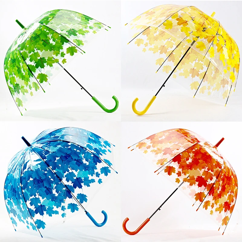 

Yuding Fully-automatic Umbrellas For Woman Long-handle Transparent PVC Umbrella Maple Leaf Printing Bubble Dome Women's Umbrella