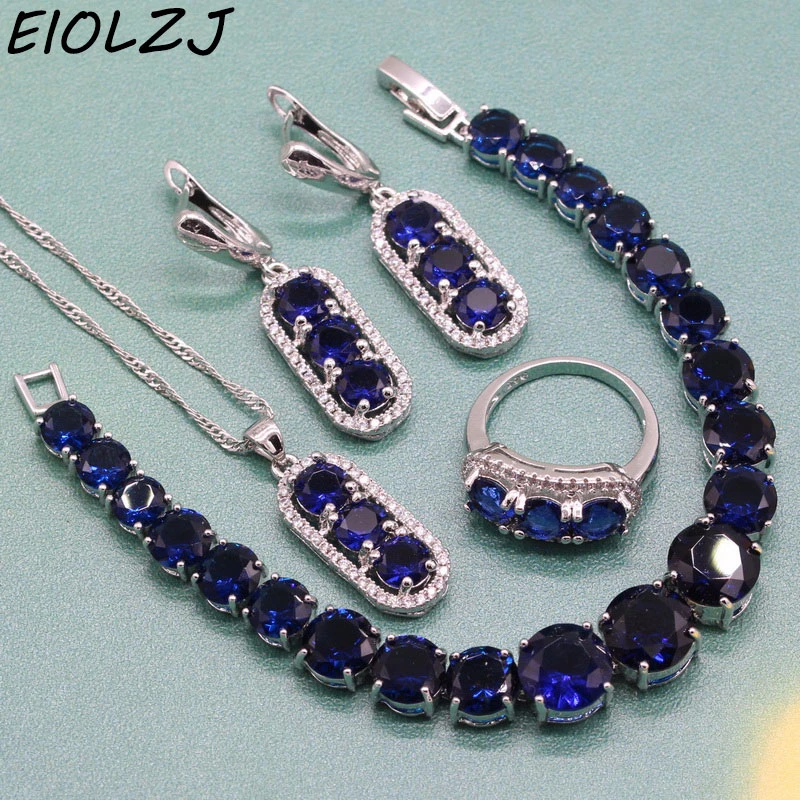 

Geometric Dark Blue Semi-precious Stone 925 Sterling Silver Bridal Jewelry Sets For Women Pendant Ring Dangle Earrings Bracelet