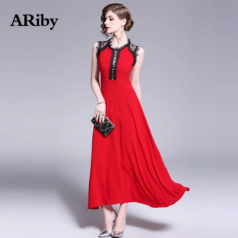 Женское длинное кружевное платье макси ARiby элегантное красное трапеция