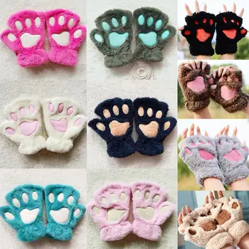 

Women Girls Lovely Cat Paw Claw Thick Half Fingerless Gloves Fluffy Plush Mitten winter gloves