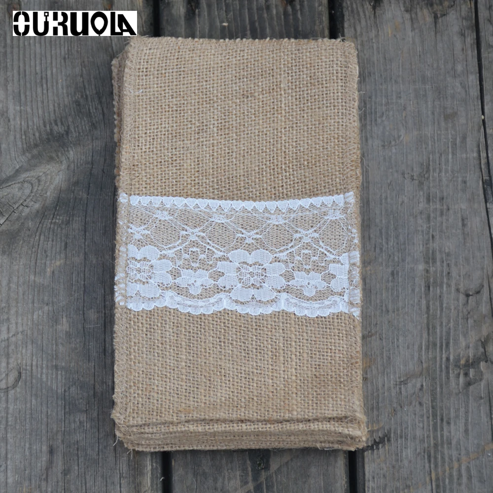 

10pcs Vintage 4"X8" Flamenco Tableware Hessian Burlap Lace Tableware Pouch Cutlery Holder Farm Birthday Party Organza