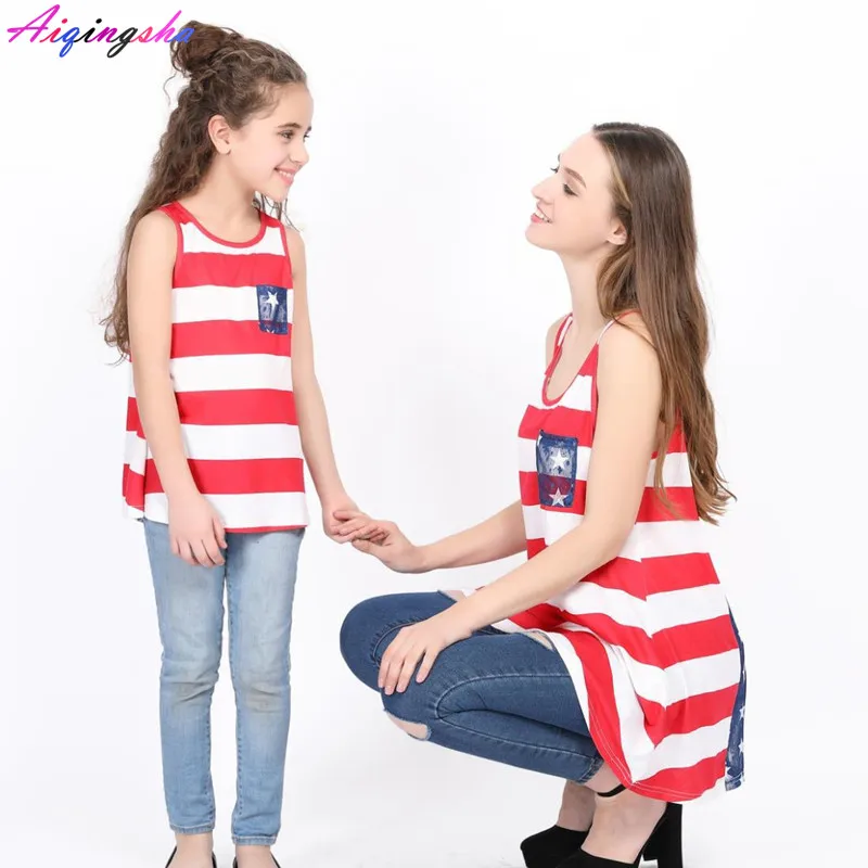 

Mother and Daughter Clothes Family Matching Lace Shirts Pocket American Flag Striped Back Lace Vest Child Mommy and Me Clothes
