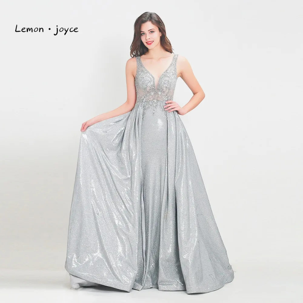 

Lemon joyce 2019 Stunning Beading Evening Dress Long Sleeveless Backless A-Line Shininy Formal Party Dress Prom Gowns Plus Size