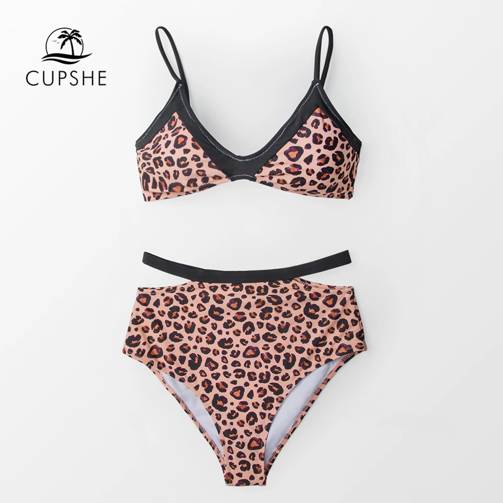 Online CUPSHE Leopard Print High taille Bikini Sets Frauen Sexy Ausschnitt Zwei Stücke Badeanzüge 2020 Mädchen Strand Badeanzüge Bademode