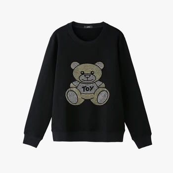 

Fall 2019 Bear Toy Rhinestones print Womens Sweatshirts plus size blingbling long sleeve Winter Hoodies black Pullover Jumpers