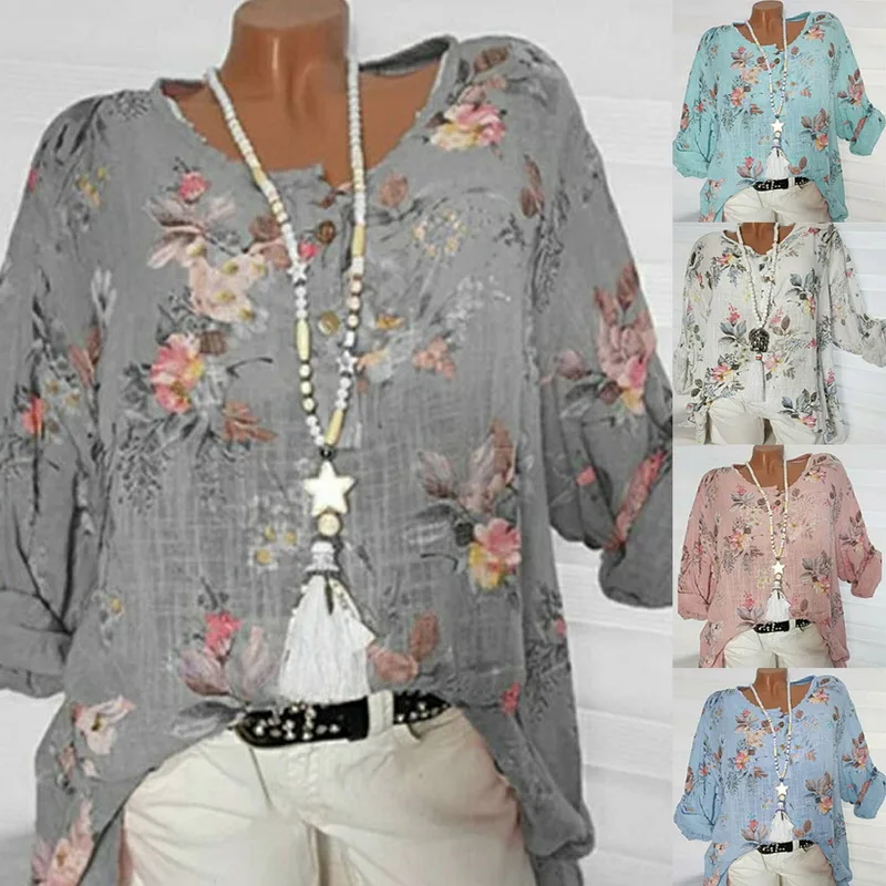 

Laamei 2019 Summer Womens Long Sleeve O-Neck Light Weight Floral Print Comfy Blouse&Shirt Casual OverSized Tops Plus Size