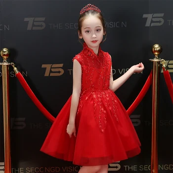 

Summer New Elegant Toddler Baby Wedding Birthday Party Red Color Princess Dress Children Girls Ball Gown Casual Costume Dress