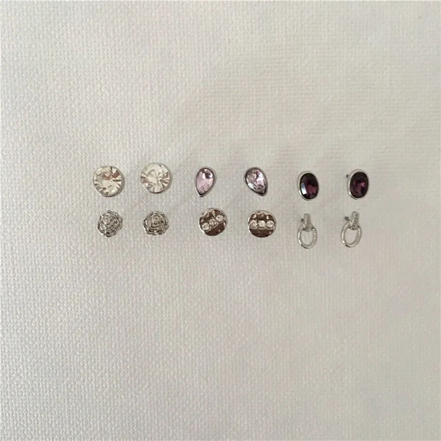 

TRENDY 6 PAIR EARRINGS SET RHODIUM COLOR PLATING ROSE ROUND STONE IRREGULAR STUD EARRINGS SET FOR WOMEN GIRL