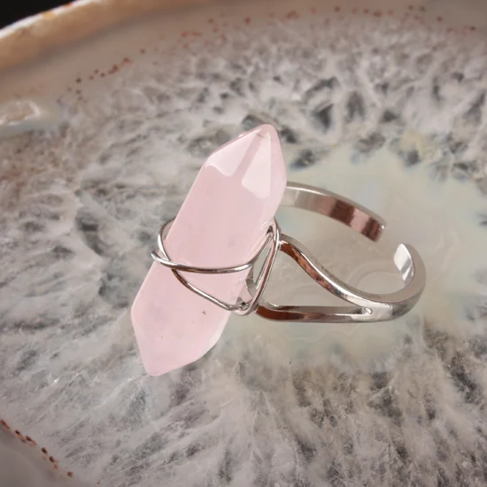 New Fluorite Purple Crysta Rose Pink Quartz Opal Clear Crystal Howlite Stone Onyx Bicone Bead Faceted Steel Wire Winding  Ring 5